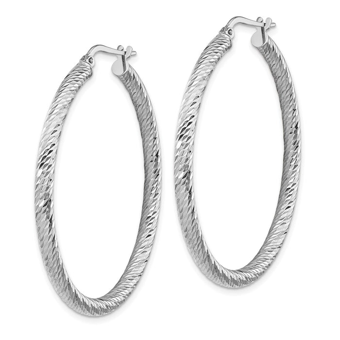 14k 3x35mm White Gold Diamond-cut Round Hoop Earrings