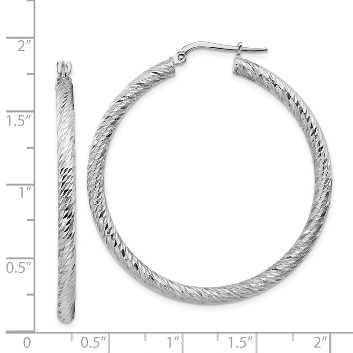 14k 3x35mm White Gold Diamond-cut Round Hoop Earrings