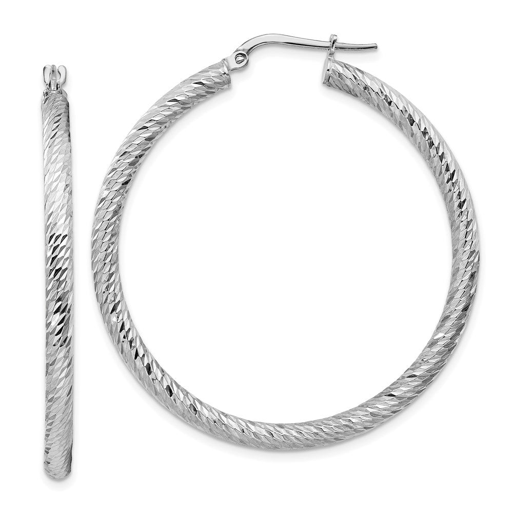 14k 3x35mm White Gold Diamond-cut Round Hoop Earrings