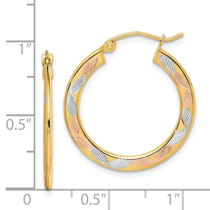 14k w/White and Rose Rhodium Diamond-cut Hoop Earrings