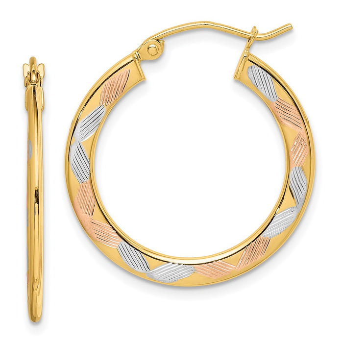 14k w/White and Rose Rhodium Diamond-cut Hoop Earrings