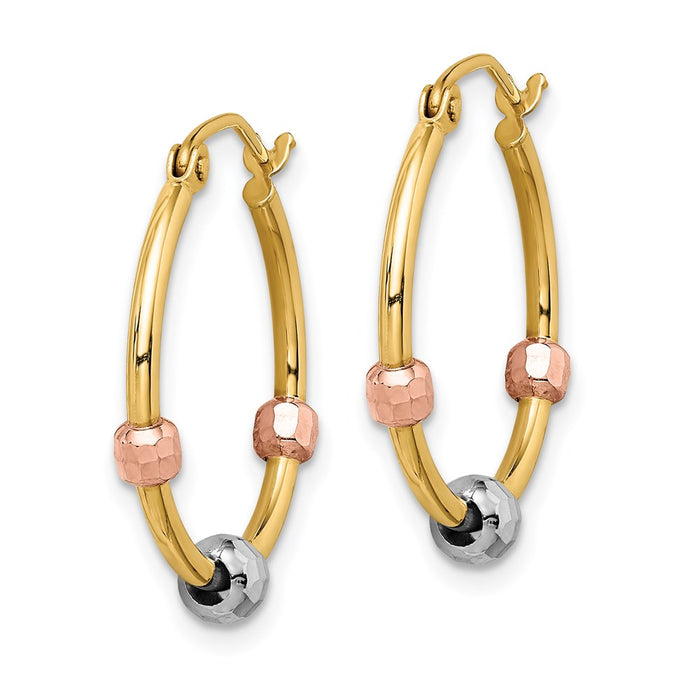 14k Polished with D/C Beads Tri-color Hoop Earrings