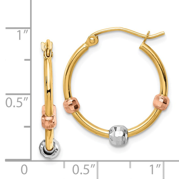 14k Polished with D/C Beads Tri-color Hoop Earrings