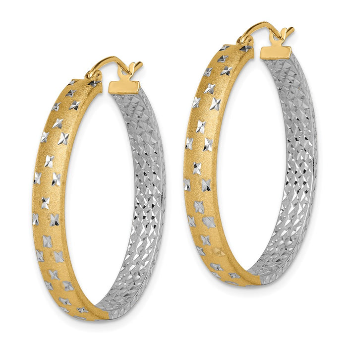 14k w/White Rhodium Polished Satin Diamond-cut In/Out Hoop Earrings