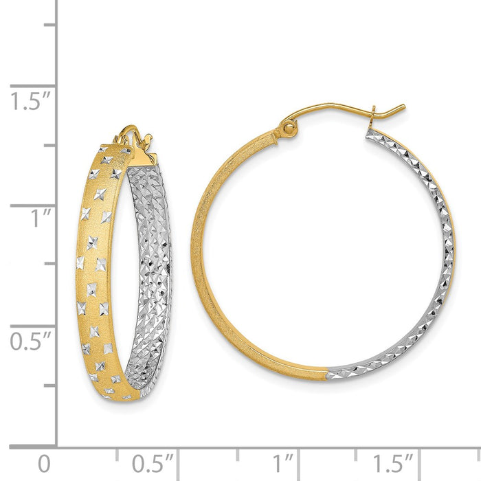 14k w/White Rhodium Polished Satin Diamond-cut In/Out Hoop Earrings