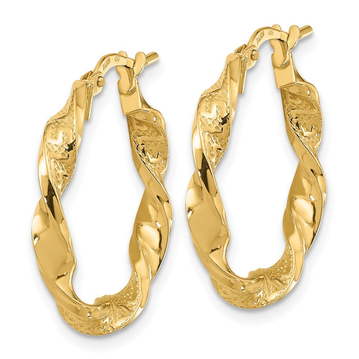 14k Polished and Textured Twisted 3mm Hoop Earrings