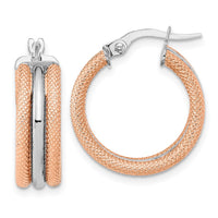 Thumbnail for 14K White Gold w/ Rose Rhodium Polished and Textured Hoop Earrings