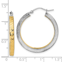Thumbnail for 14K Rose Gold White Rhodium Polished Brushed Diamond-cut Hoop Earrings