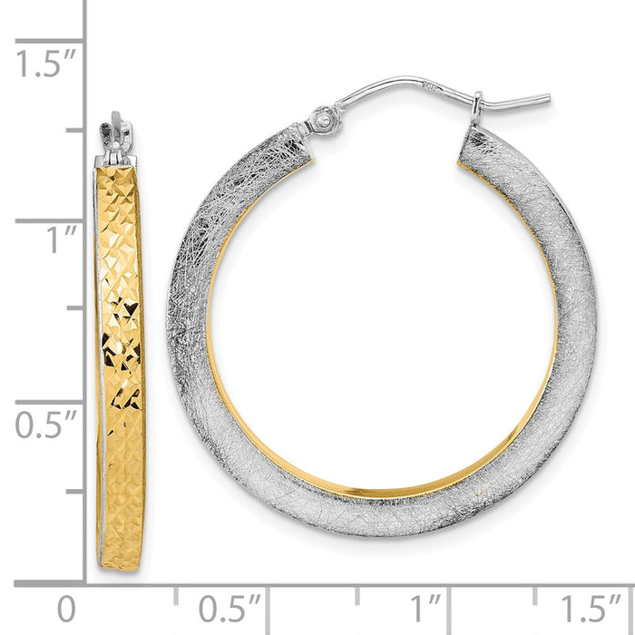 14K Rose Gold White Rhodium Polished Brushed Diamond-cut Hoop Earrings