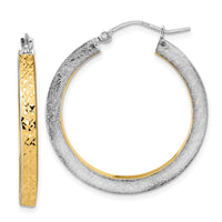 Thumbnail for 14K Rose Gold White Rhodium Polished Brushed Diamond-cut Hoop Earrings