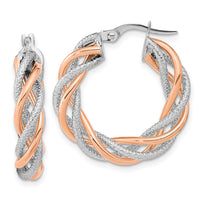 Thumbnail for 14k White Gold Rose Rhod 5x25mm Textured Twisted Hoop Earrings