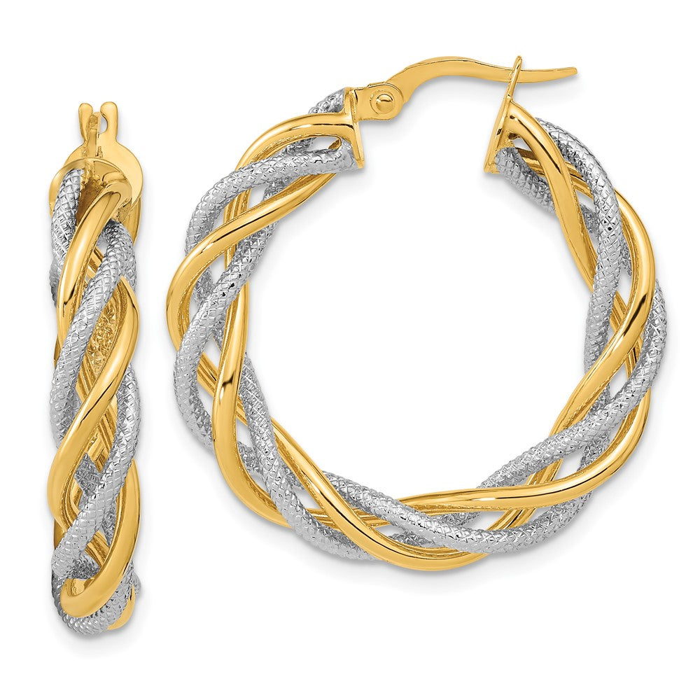 14k White Gold Rose Rhodium 5x30mm Textured Twisted Hoop Earrings