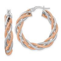 Thumbnail for 14K White Gold Rose Rhodium Polished and Textured Twisted Hoop Earrings