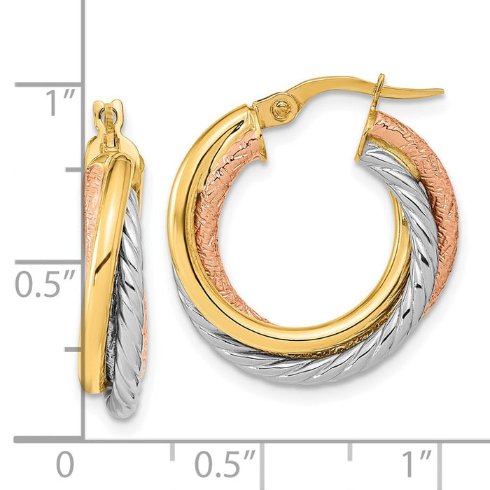 14K w/White and Rose Rhodium Polished and Textured Hoop Earrings