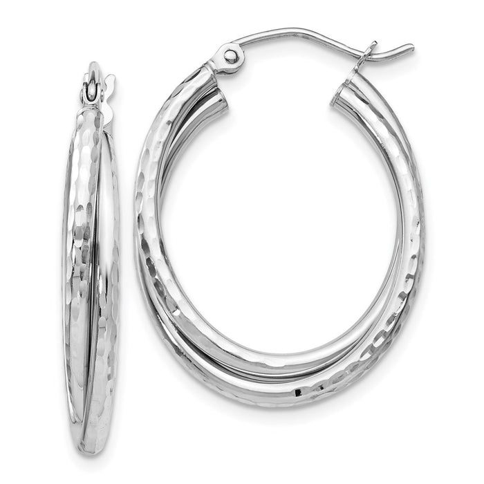 14k White Gold Diamond-cut Polished Oval Hoop Earring