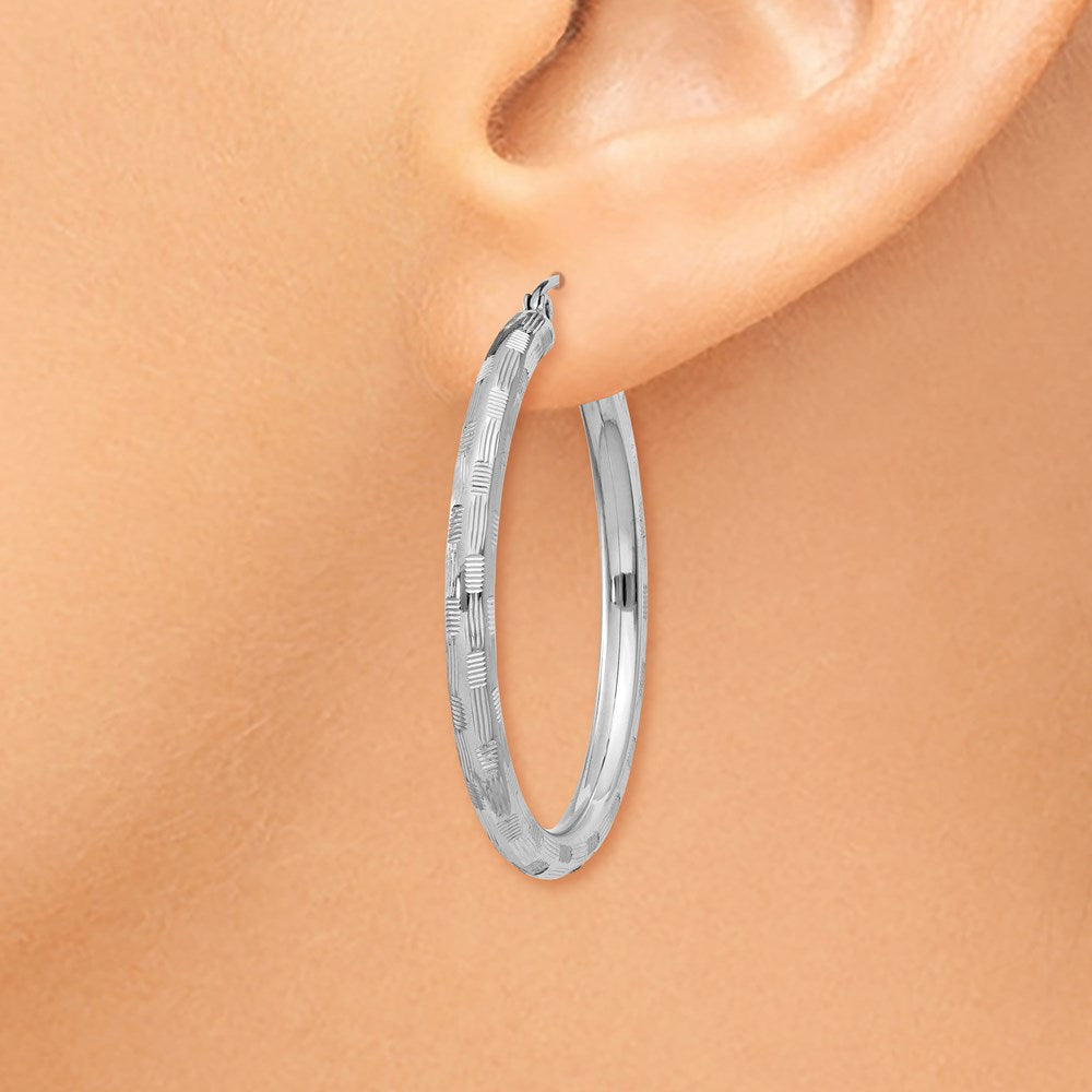 14k White Gold Diamond-cut Hoop Earrings