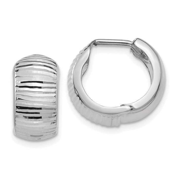 14K White Gold Textured and Polished Hinged Hoop Earrings