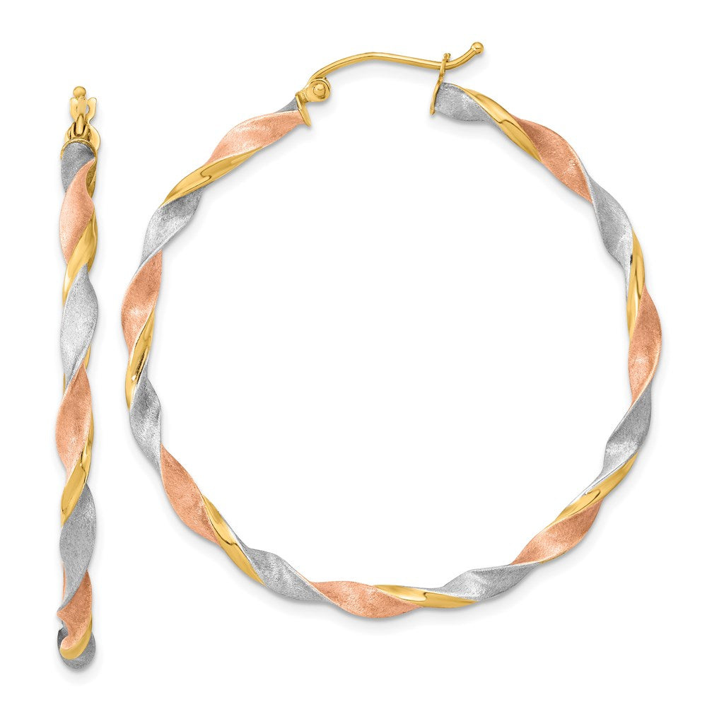 14k White & Rose Rhodium Satin Twisted Hoop Earrings
