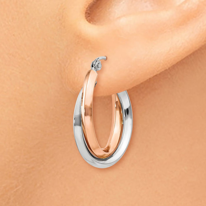 14k Rose and White Gold Polished Oval Tube Hoop Earrings