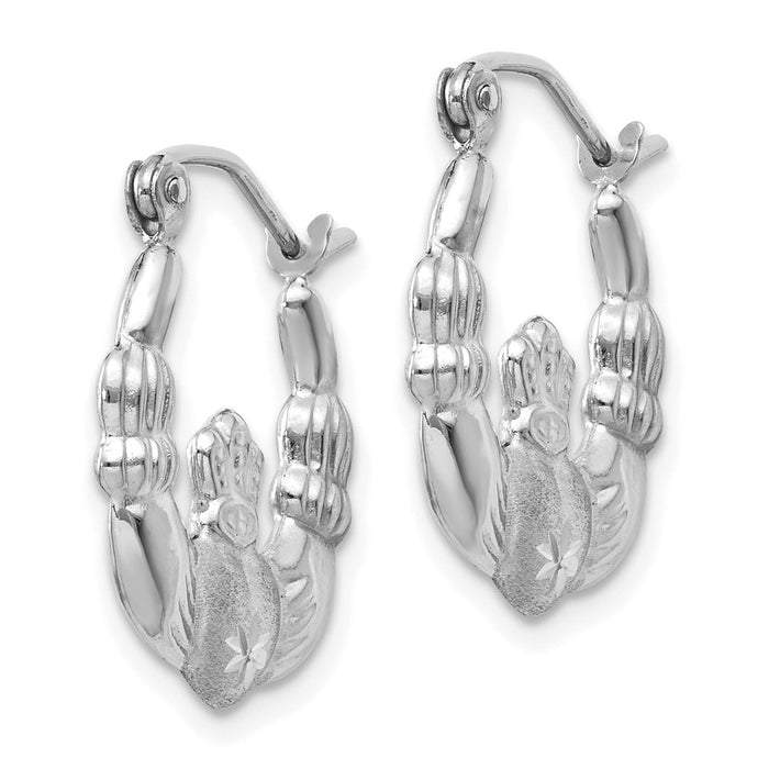 14k White Gold Satin and Diamond-cut Claddagh Hoop Earrings