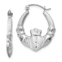 Thumbnail for 14k White Gold Satin and Diamond-cut Claddagh Hoop Earrings