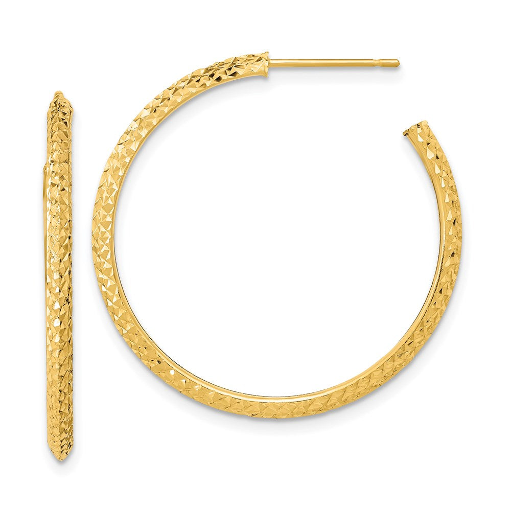 14k 3x25mm Polished Diamond-cut Round Hoop Post Earrings