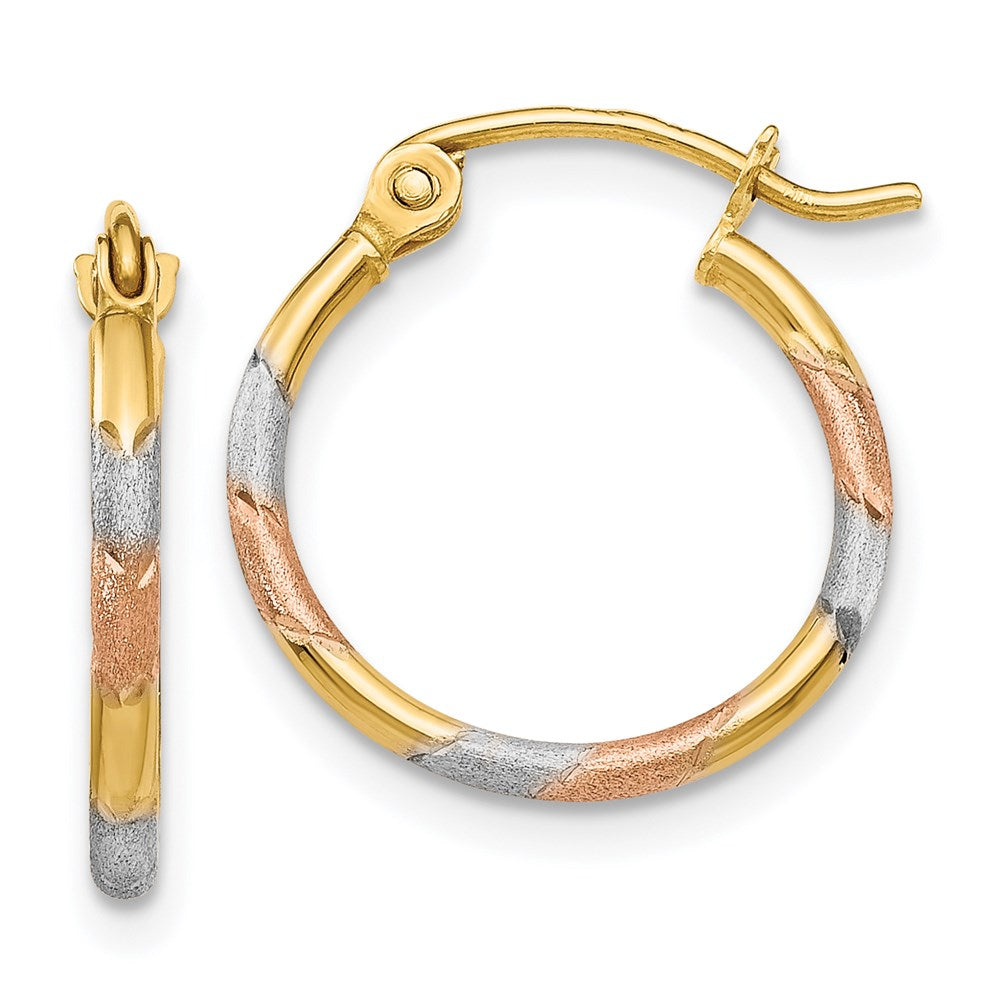 14K w/White and Rose Rhodium 1.5mm Diamond Cut Hoop Earrings