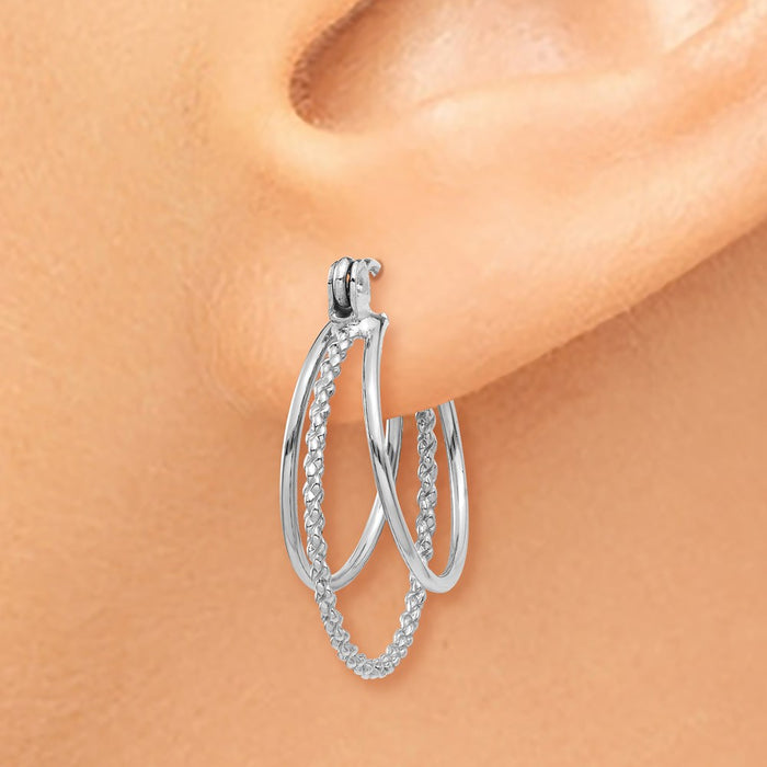 14k White Gold Polished and Textured Circle Hoop Earrings