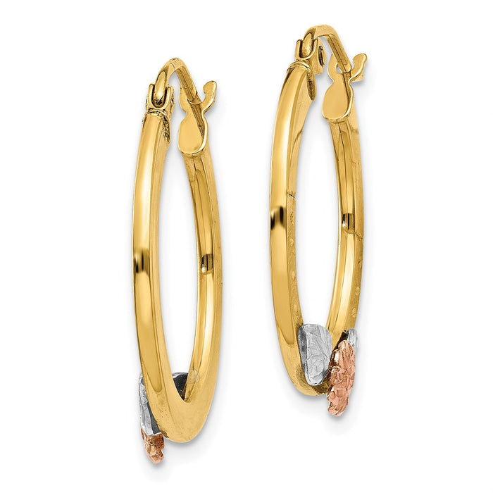 14K Yellow & Rose Gold w/ Rhodium Diamond Cut Flower Hoop Earrings