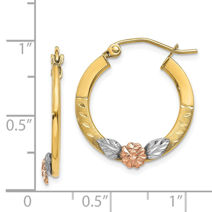 14K Yellow & Rose Gold w/ Rhodium Diamond Cut Flower Hoop Earrings
