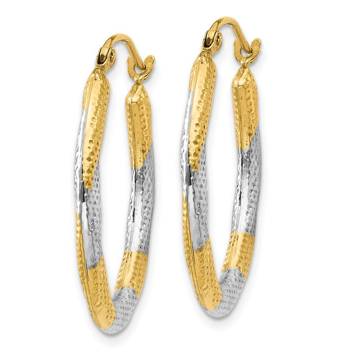 14K & Rhodium Textured Hollow Oval Hoop Earrings