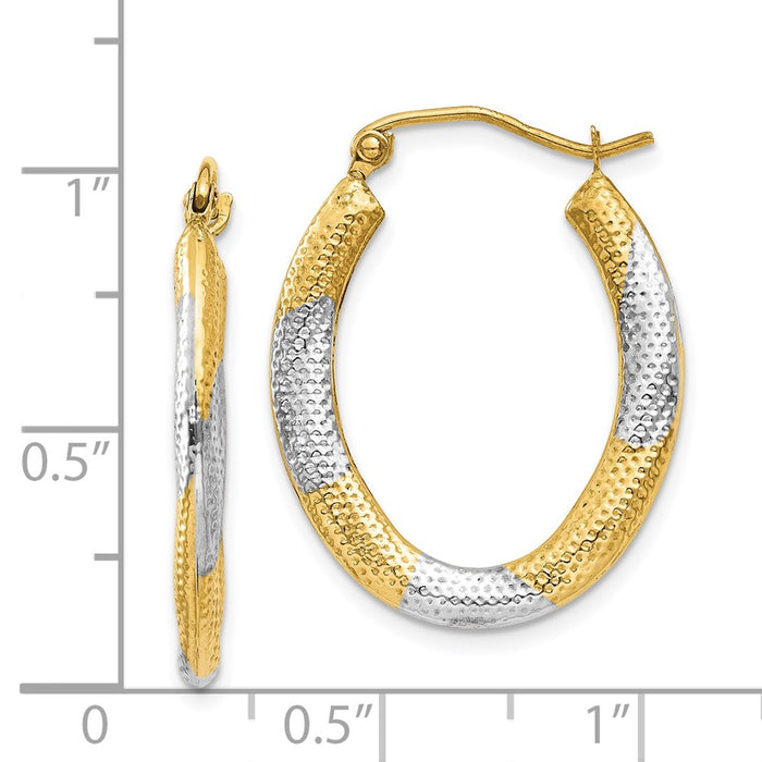 14K & Rhodium Textured Hollow Oval Hoop Earrings