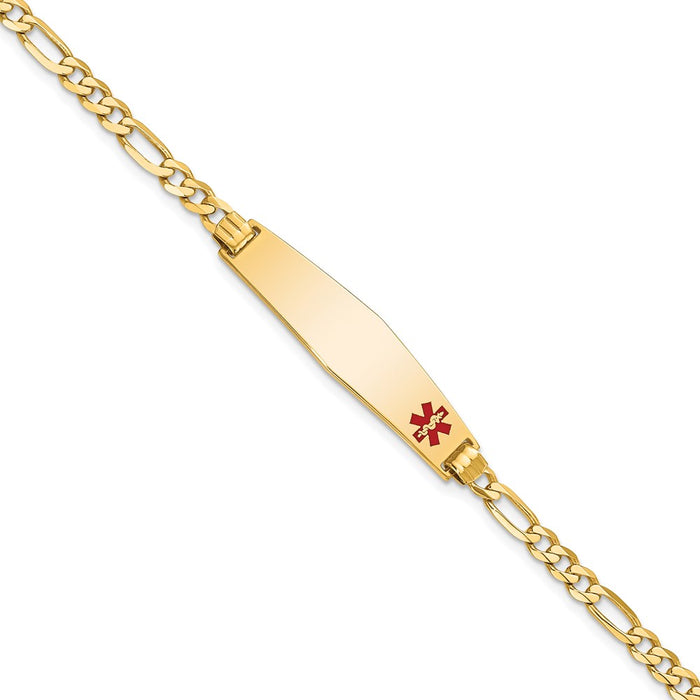 14K Medical Soft Diamond Shape Red Enamel Flat Figaro Link ID Bracelet