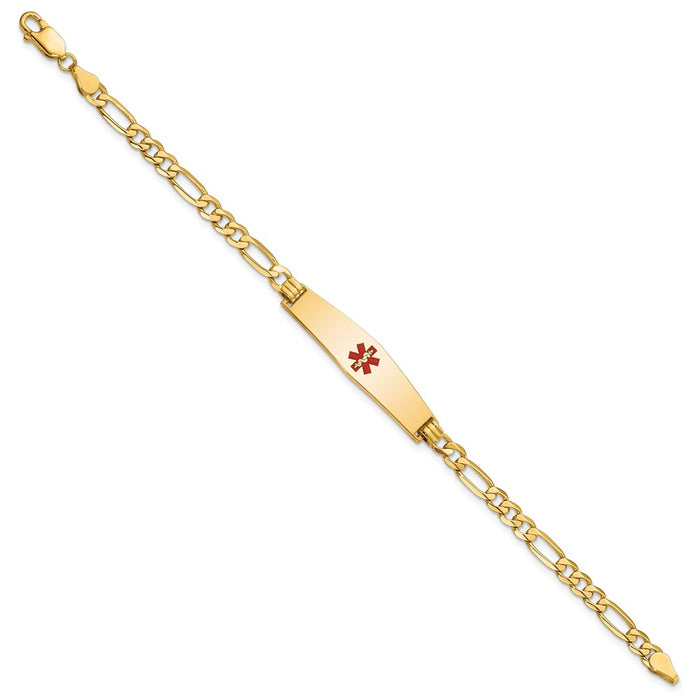 14K Medical Soft Diamond Shape Red Enamel Flat Figaro Link ID Bracelet