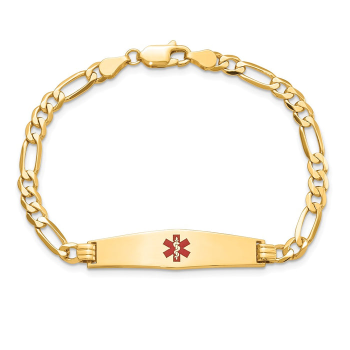 14K Medical Soft Diamond Shape Red Enamel Flat Figaro Link ID Bracelet