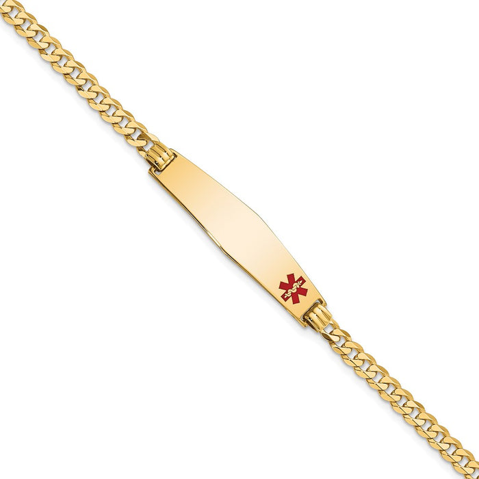 14K Medical Soft Diamond Shape Red Enamel Flat Curb Link ID Bracelet