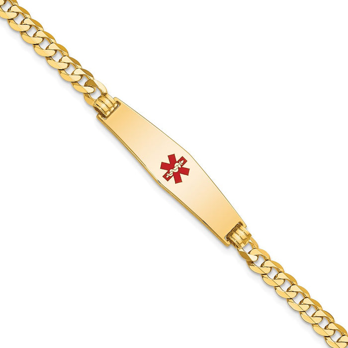 14K Medical Soft Diamond Shape Red Enamel Flat Curb Link ID Bracelet