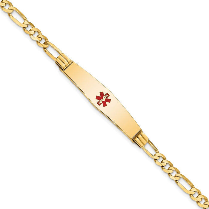 14K Medical Soft Diamond Shape Red Enamel Figaro ID Bracelet