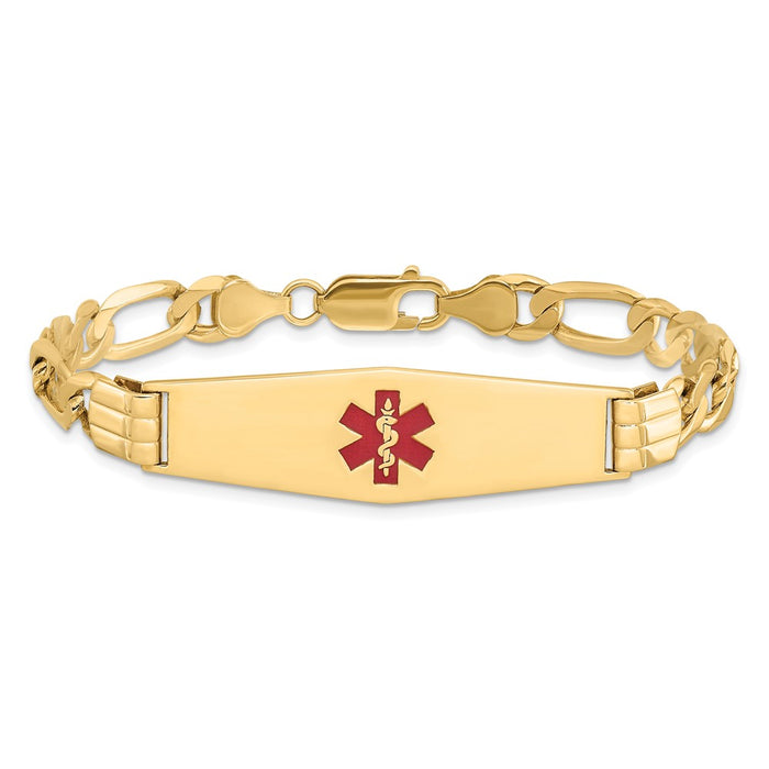 14K Medical Soft Diamond Shape Red Enamel Flat Figaro Link ID Bracelet