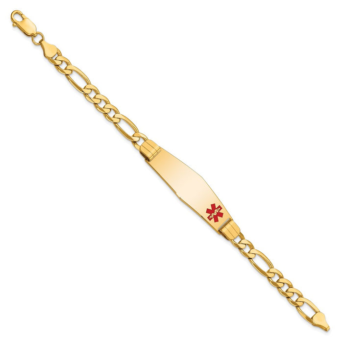 14K Medical Soft Diamond Shape Red Enamel Flat Figaro Link ID Bracelet