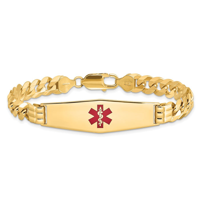 14K Medical Soft Diamond Shape Red Enamel Flat Curb Link ID Bracelet