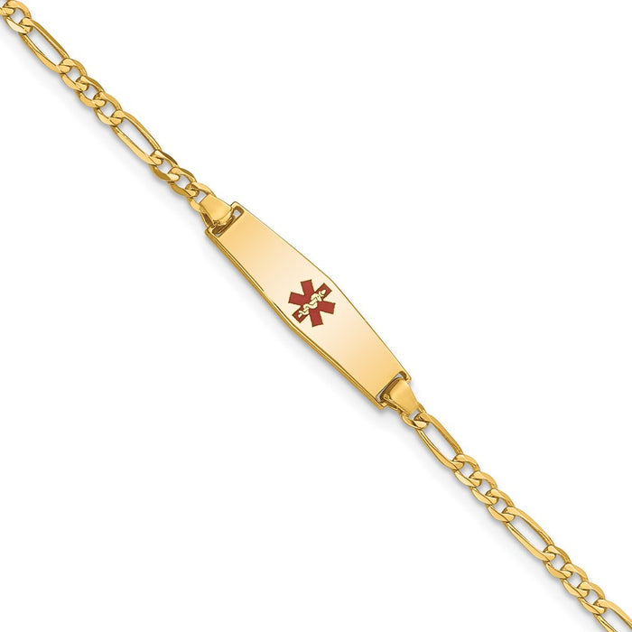 14k Medical Soft Diamond Shape Red Enamel Figaro ID Bracelet