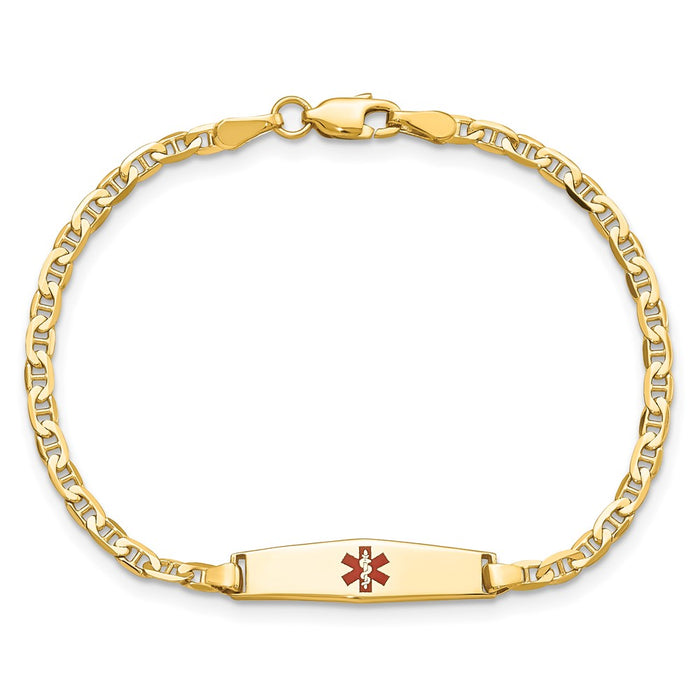 14k Medical Soft Diamond Shape Red Enamel Flat Anchor Link ID Bracelet