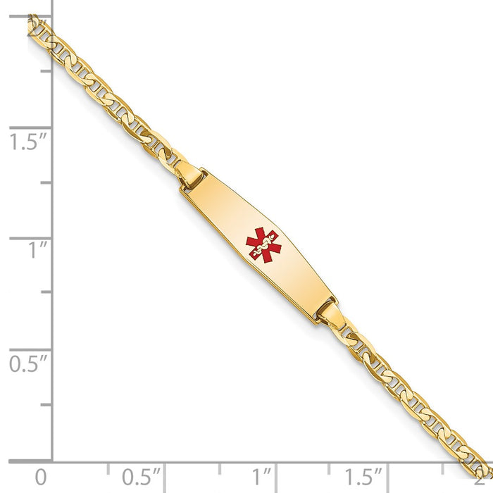 14k Medical Soft Diamond Shape Red Enamel Flat Anchor Link ID Bracelet