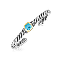 Thumbnail for 18k Yellow Gold and Sterling Silver Blue Topaz Open Cable Style Cuff Bangle Bangles Angelucci Jewelry   