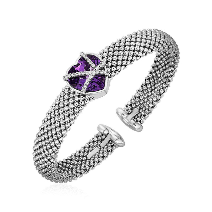 Popcorn Texture Cuff Bangle with Amethyst and Diamonds in Sterling Silver Bangles Angelucci Jewelry   