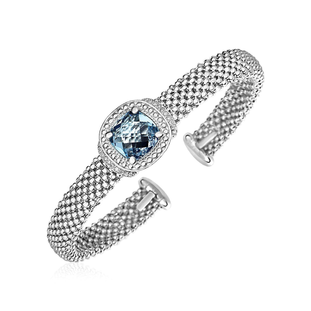 Popcorn Texture Cuff Bangle with Blue Topaz and Diamonds in Sterling Silver Bangles Angelucci Jewelry   
