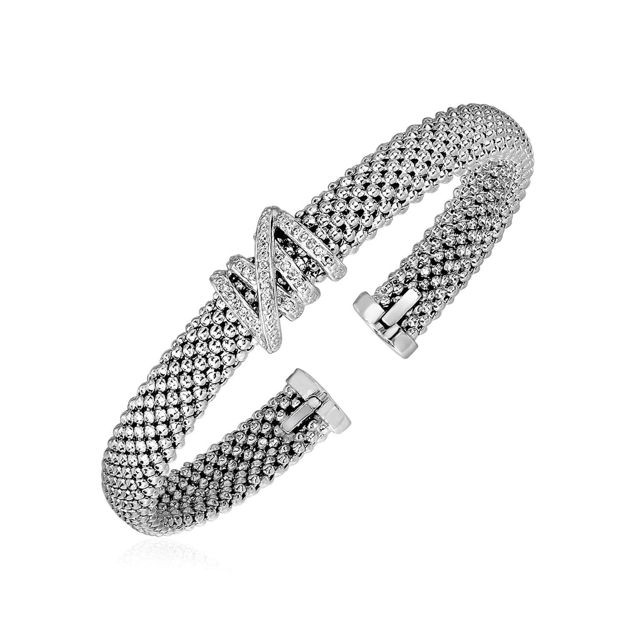Popcorn Texture Cuff Bangle with Diamonds in Sterling Silver Bangles Angelucci Jewelry   