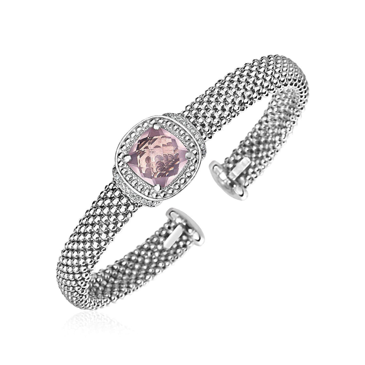 Popcorn Texture Cuff Bangle with Rose Quartz and Diamonds in Sterling Silver Bangles Angelucci Jewelry   