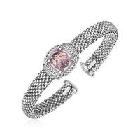 Thumbnail for Popcorn Texture Cuff Bangle with Rose Quartz and Diamonds in Sterling Silver Bangles Angelucci Jewelry   